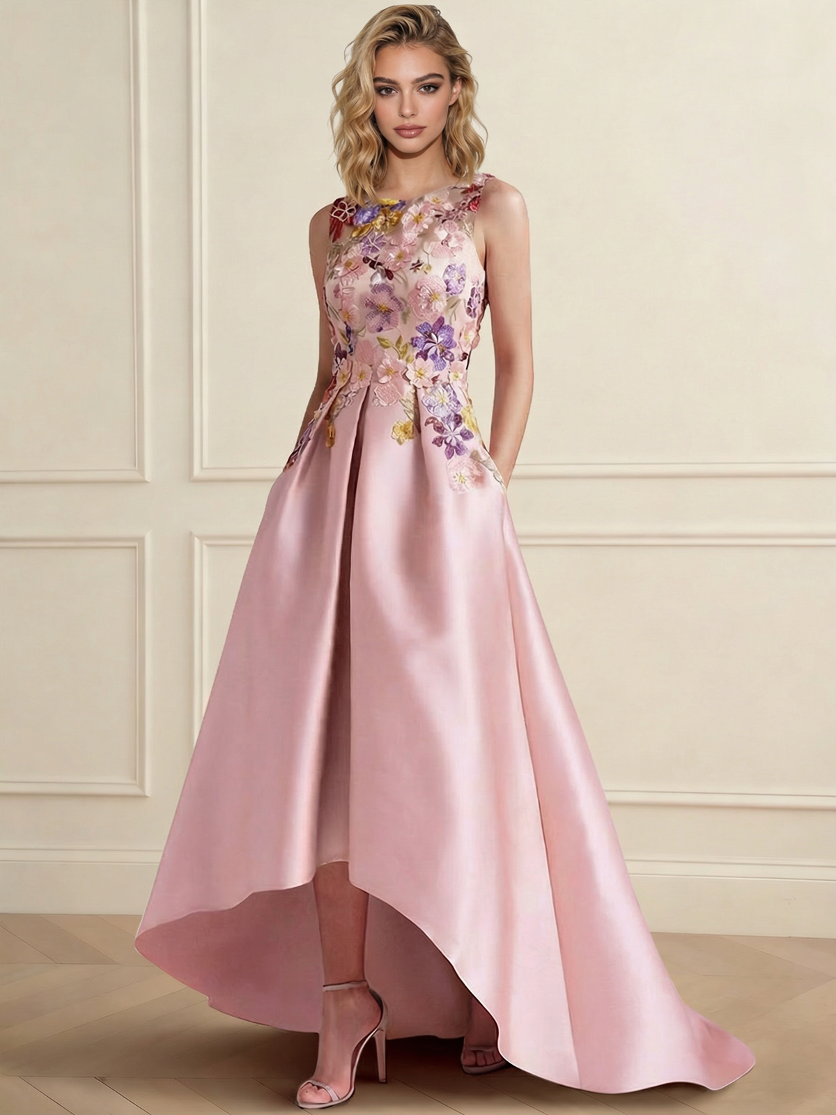 Nafori Pink A-Line/Princess Floral Cocktail Dress Boat Neck Sleeveless High Low Length Formal Dresses with Pocket Embroidery 2026