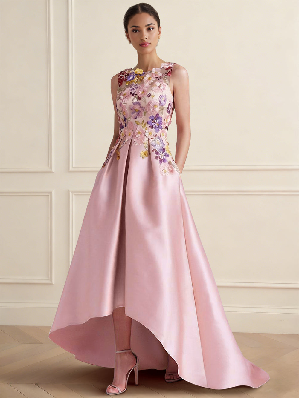 A-Line/Princess Floral Cocktail Dress Boat Neck Sleeveless High Low Length Formal Dresses with Pocket Embroidery