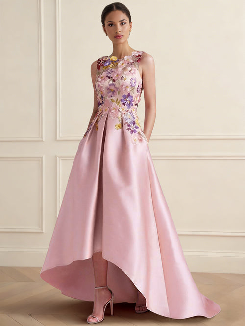 A-Line/Princess Floral Cocktail Dress Boat Neck Sleeveless High Low Length Formal Dresses with Pocket Embroidery