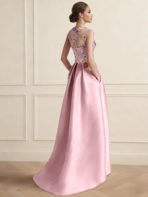 A-Line/Princess Floral Cocktail Dress Boat Neck Sleeveless High Low Length Formal Dresses with Pocket Embroidery