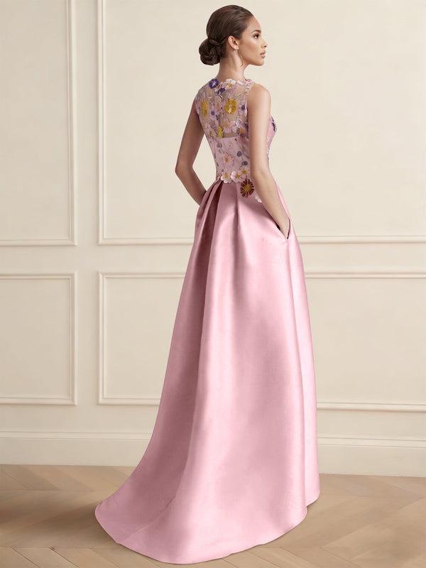A-Line/Princess Floral Cocktail Dress Boat Neck Sleeveless High Low Length Formal Dresses with Pocket Embroidery