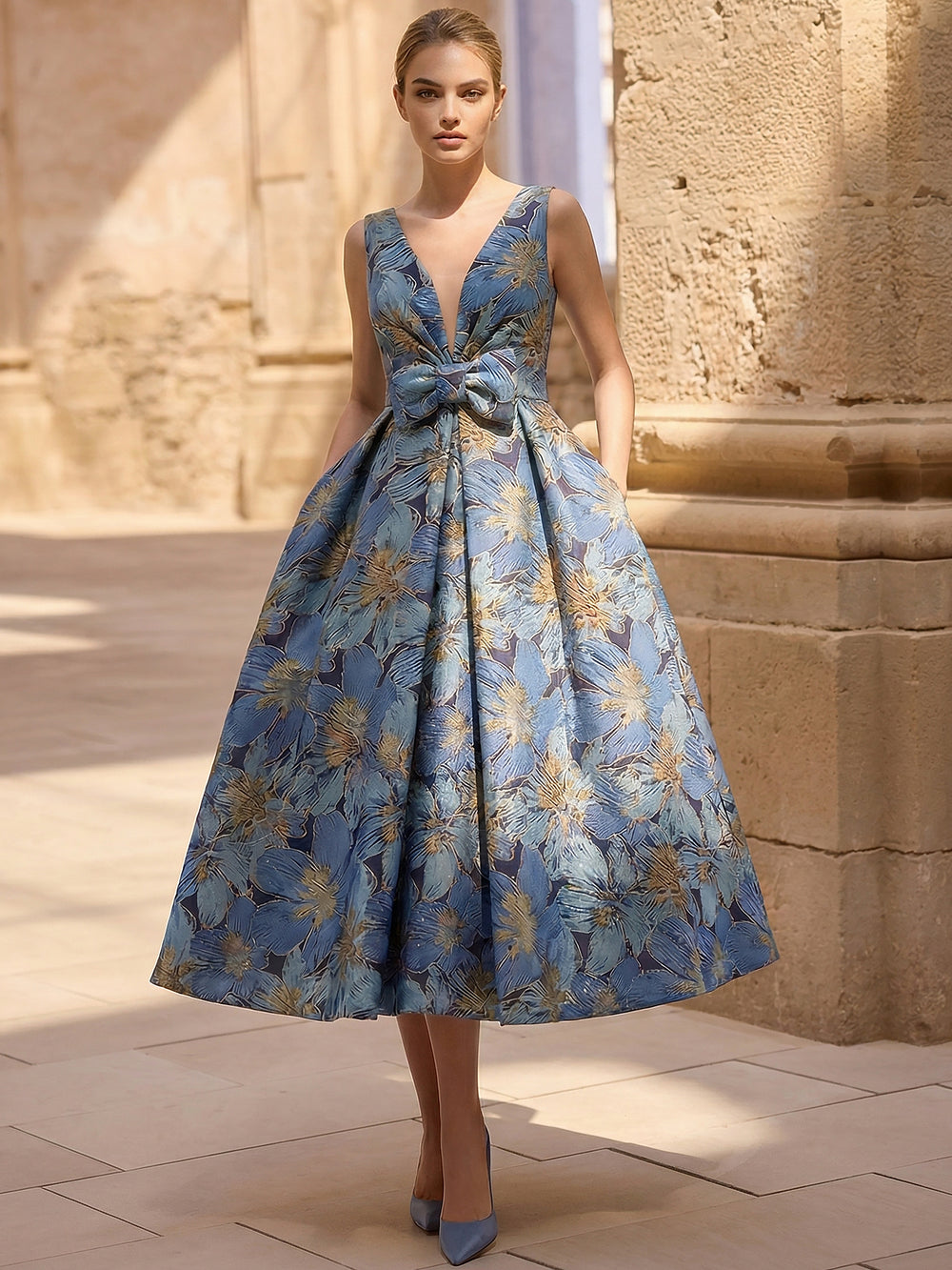 A-Line/Princess Cocktail Dresses Floral Formal V Neck Sleeveless Tea Length with Bow Pocket