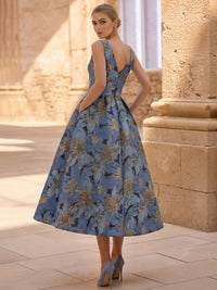 A-Line/Princess Cocktail Dresses Floral Formal V Neck Sleeveless Tea Length with Bow Pocket