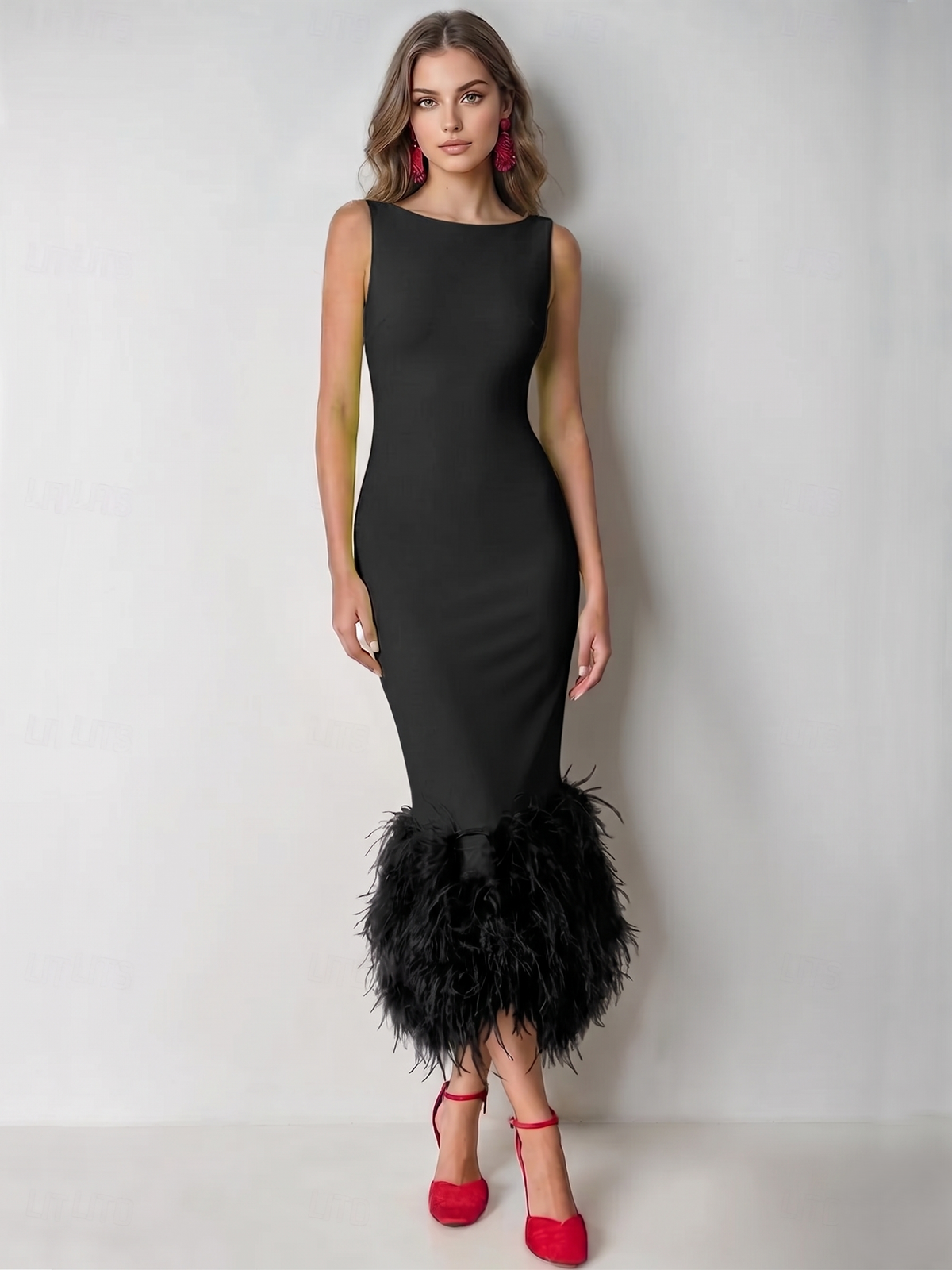 Nafori Charcoal Gray Mermaid Cocktail Party Dress Boat Neck Sleeveless Ankle Length Feather Dress Formal Dress 2026