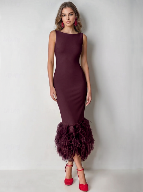 Mermaid Cocktail Party Dress Boat Neck Sleeveless Ankle Length Feather Dress Formal Dress