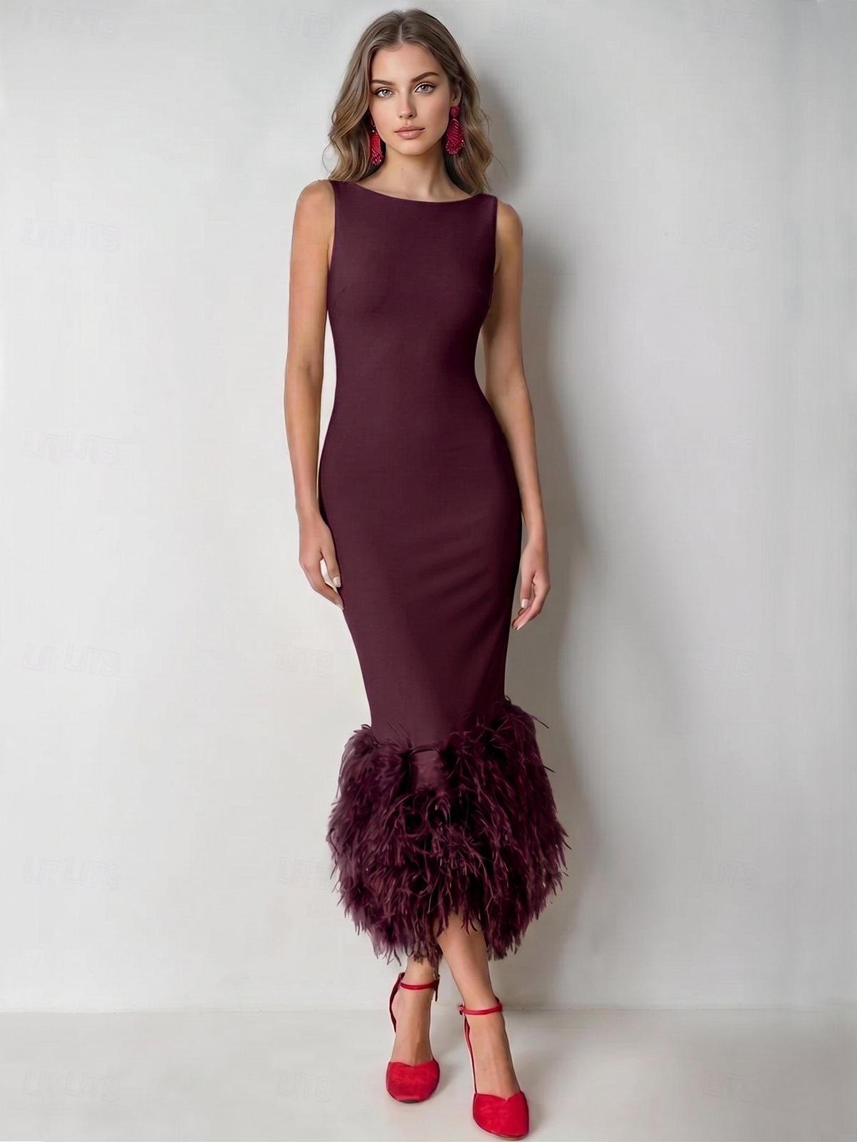 Nafori Burgundy Mermaid Cocktail Party Dress Boat Neck Sleeveless Ankle Length Feather Dress Formal Dress 2026