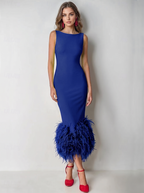 Mermaid Cocktail Party Dress Boat Neck Sleeveless Ankle Length Feather Dress Formal Dress