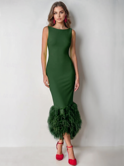 Mermaid Cocktail Party Dress Boat Neck Sleeveless Ankle Length Feather Dress Formal Dress