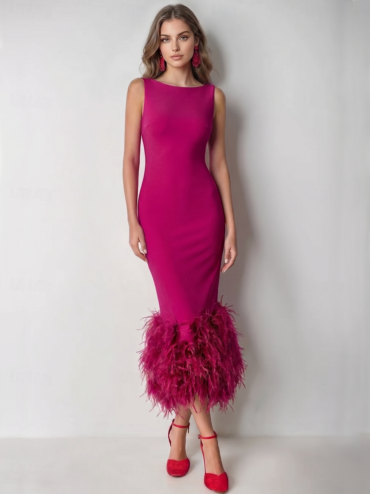 Nafori Fuchsia Mermaid Cocktail Party Dress Boat Neck Sleeveless Ankle Length Feather Dress Formal Dress 2026