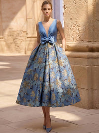 A-Line/Princess Cocktail Dresses Floral Formal V Neck Sleeveless Tea Length with Bow Pocket