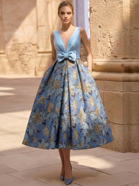 A-Line/Princess Cocktail Dresses Floral Formal V Neck Sleeveless Tea Length with Bow Pocket