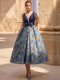 A-Line/Princess Cocktail Dresses Floral Formal V Neck Sleeveless Tea Length with Bow Pocket