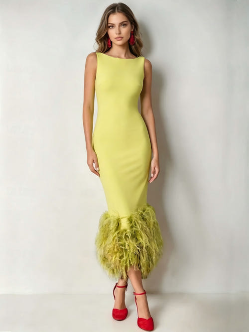 Mermaid Cocktail Party Dress Boat Neck Sleeveless Ankle Length Feather Dress Formal Dress
