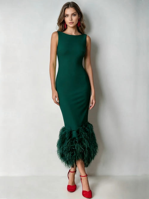 Mermaid Cocktail Party Dress Boat Neck Sleeveless Ankle Length Feather Dress Formal Dress