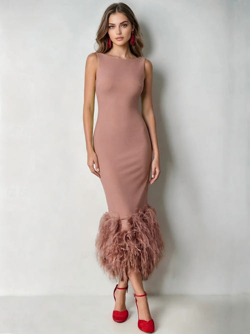 Mermaid Cocktail Party Dress Boat Neck Sleeveless Ankle Length Feather Dress Formal Dress