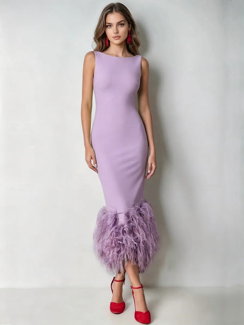 Mermaid Cocktail Party Dress Boat Neck Sleeveless Ankle Length Feather Dress Formal Dress