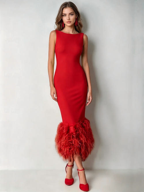 Mermaid Cocktail Party Dress Boat Neck Sleeveless Ankle Length Feather Dress Formal Dress