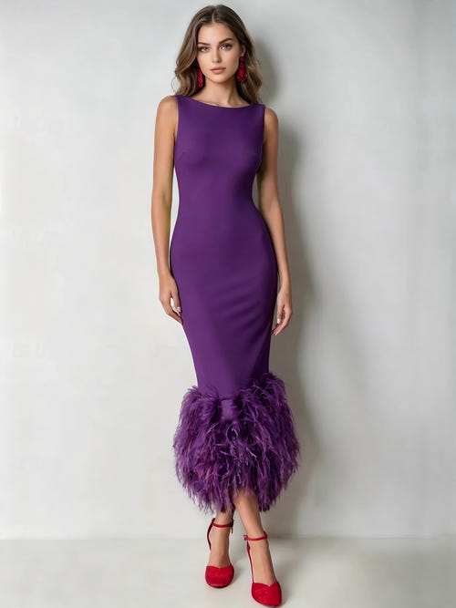 Mermaid Cocktail Party Dress Boat Neck Sleeveless Ankle Length Feather Dress Formal Dress
