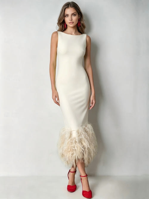 Mermaid Cocktail Party Dress Boat Neck Sleeveless Ankle Length Feather Dress Formal Dress