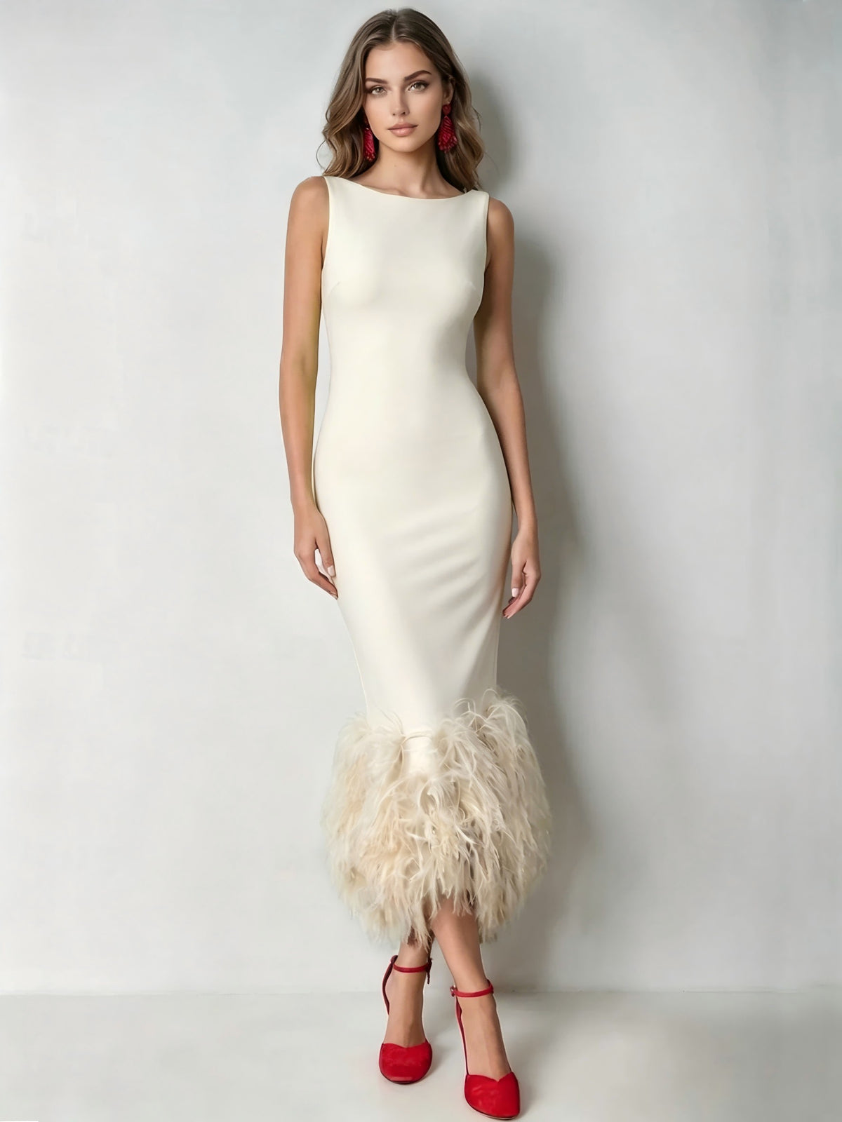 Nafori Pearl Pink Mermaid Cocktail Party Dress Boat Neck Sleeveless Ankle Length Feather Dress Formal Dress 2026