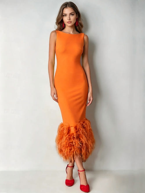 Mermaid Cocktail Party Dress Boat Neck Sleeveless Ankle Length Feather Dress Formal Dress