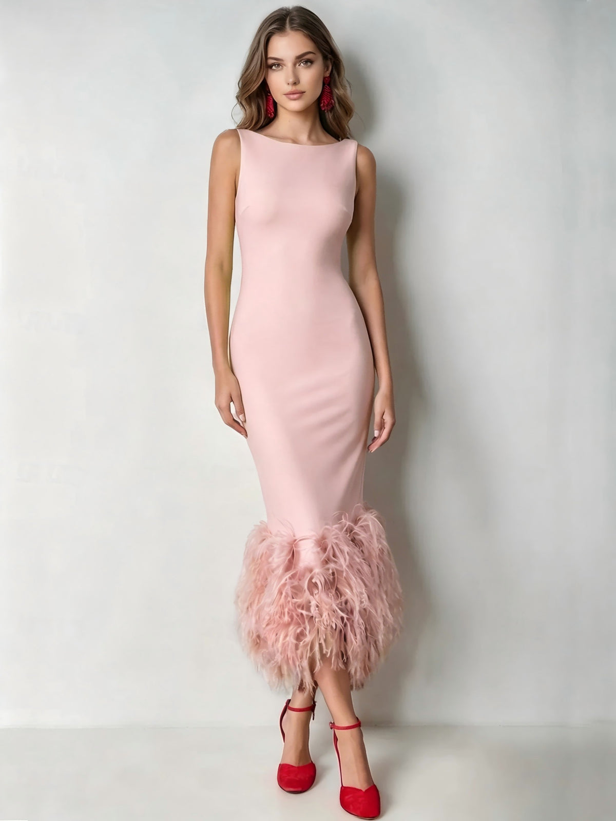 Nafori Pearl Pink Mermaid Cocktail Party Dress Boat Neck Sleeveless Ankle Length Feather Dress Formal Dress 2026