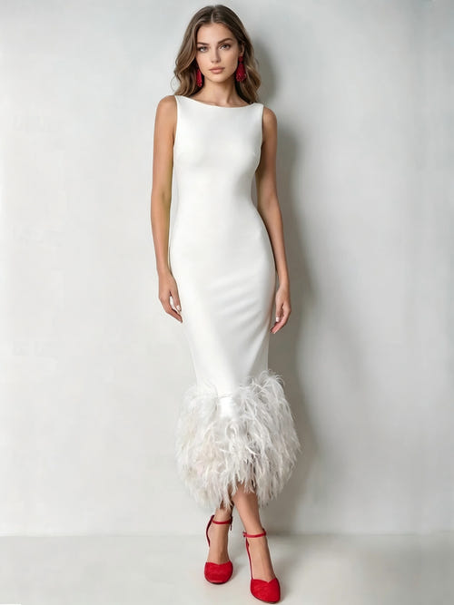 Mermaid Cocktail Party Dress Boat Neck Sleeveless Ankle Length Feather Dress Formal Dress