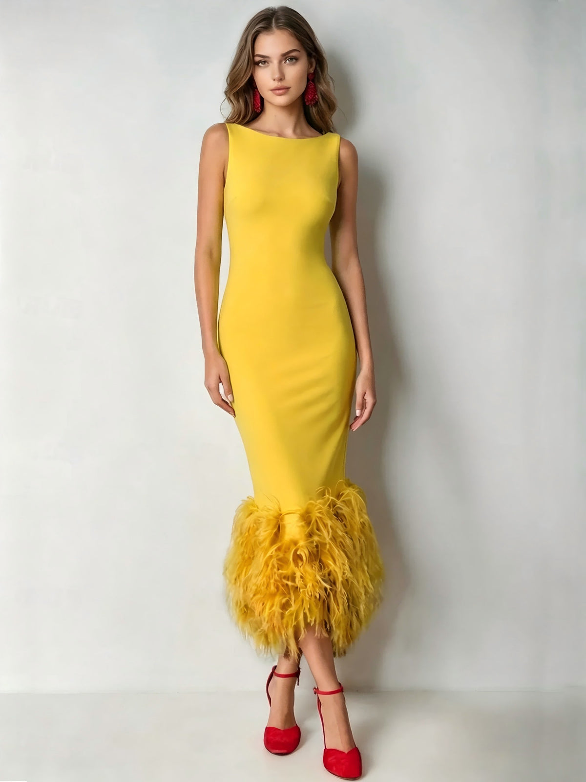 Nafori Daffodil Mermaid Cocktail Party Dress Boat Neck Sleeveless Ankle Length Feather Dress Formal Dress 2026