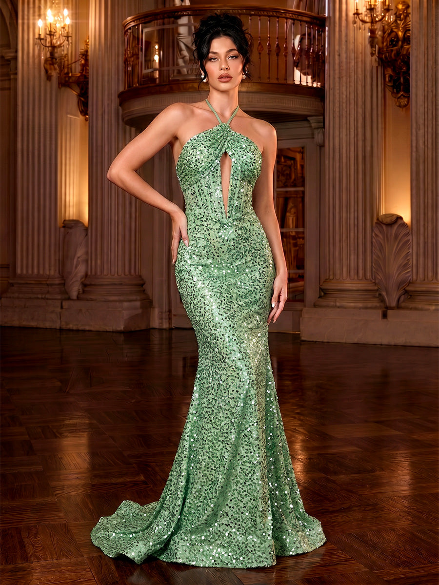 Mermaid Sequins Evening Dresses Formal Halter Sleeveless Floor-Length Sparkle Hollow Zipper