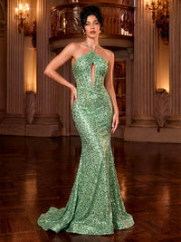Mermaid Sequins Evening Dresses Formal Halter Sleeveless Floor-Length Sparkle Hollow Zipper
