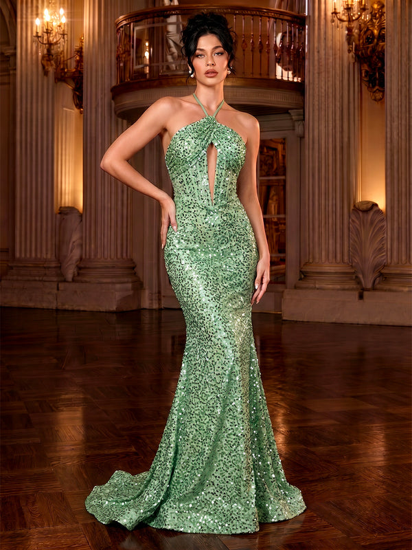 Mermaid Sequins Evening Dresses Formal Halter Sleeveless Floor-Length Sparkle Hollow Zipper