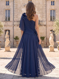 A-Line Mother Of The Bride Dresses Chiffon Embroidery Formal Dress One-Shoulder 1/2 Sleeve Floor-Length With 3D Flowers Wedding Guest