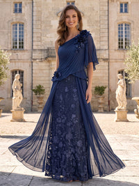 A-Line Mother Of The Bride Dresses Chiffon Embroidery Formal Dress One-Shoulder 1/2 Sleeve Floor-Length With 3D Flowers Wedding Guest
