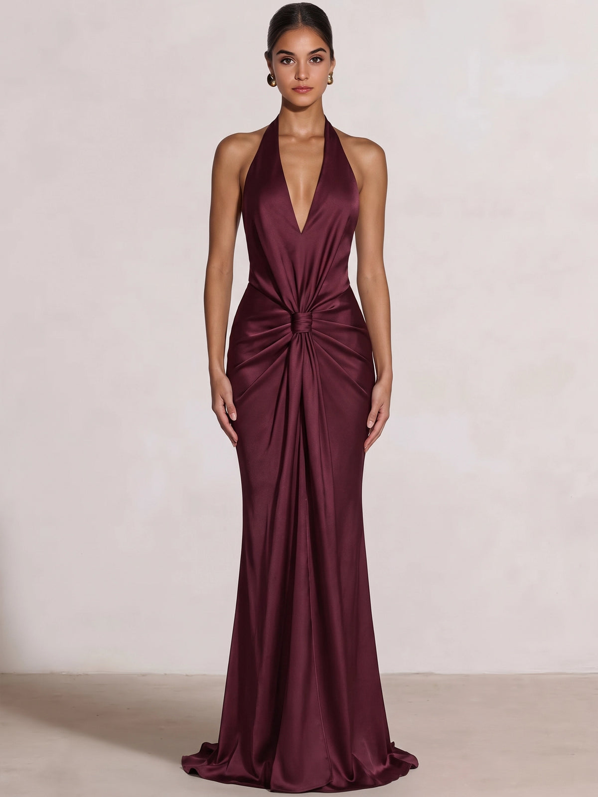 Sheath Evening Dress Satin Halter V Neck Sleeveless Floor Length Runched Burgundy Backless Formal Wedding Guest Dress