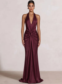 Sheath Evening Dress Satin Halter V Neck Sleeveless Floor Length Runched Burgundy Backless Formal Wedding Guest Dress