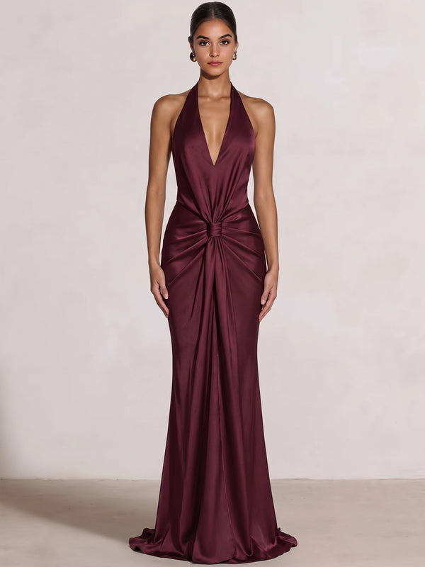 Sheath Evening Dress Satin Halter V Neck Sleeveless Floor Length Runched Burgundy Backless Formal Wedding Guest Dress