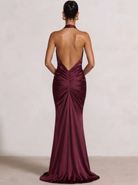 Sheath Evening Dress Satin Halter V Neck Sleeveless Floor Length Runched Burgundy Backless Formal Wedding Guest Dress
