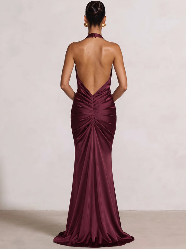 Sheath Evening Dress Satin Halter V Neck Sleeveless Floor Length Runched Burgundy Backless Formal Wedding Guest Dress