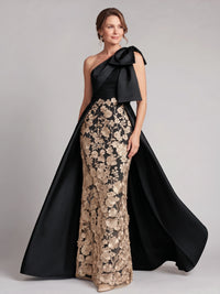 A-Line Mother Of The Bride Dresses Elegant Satin One Shoulder Floral Embroidery Sleeveless Floor Length Wedding Guest Dress With Overskirt Bowknot