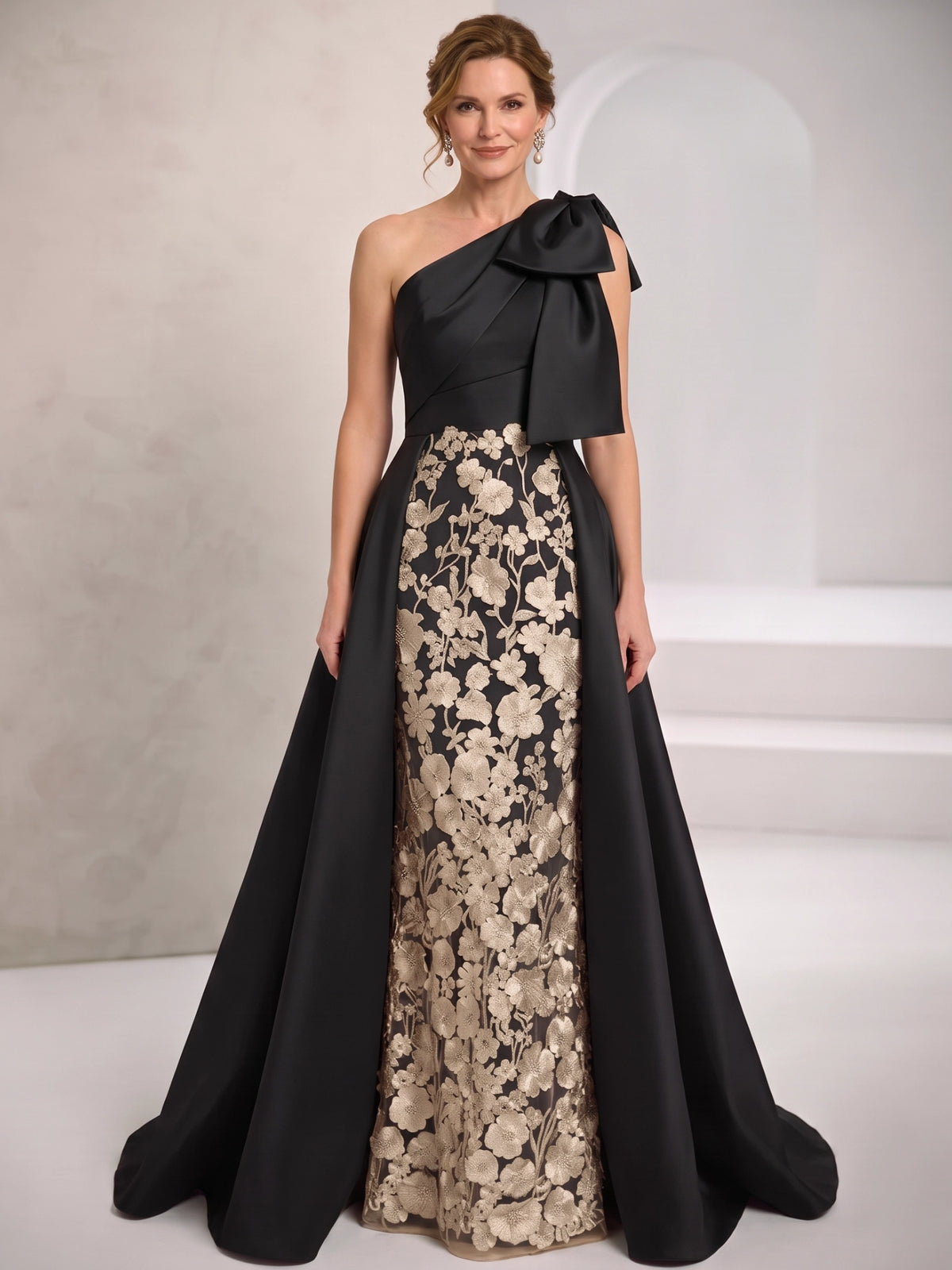 A-Line Mother Of The Bride Dresses Elegant Satin One Shoulder Floral Embroidery Sleeveless Floor Length Wedding Guest Dress With Overskirt Bowknot