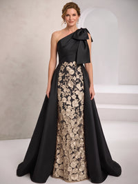 A-Line Mother Of The Bride Dresses Elegant Satin One Shoulder Floral Embroidery Sleeveless Floor Length Wedding Guest Dress With Overskirt Bowknot