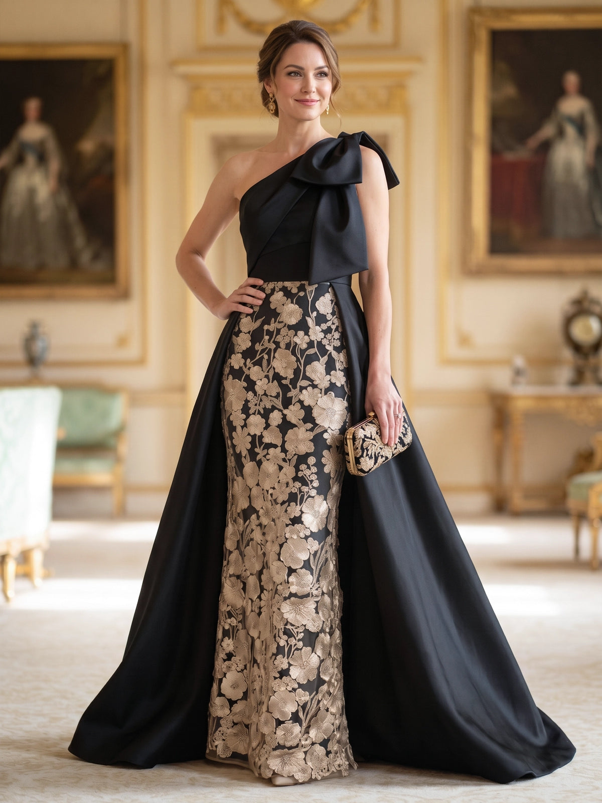 A-Line Mother Of The Bride Dresses Elegant Satin One Shoulder Floral Embroidery Sleeveless Floor Length Wedding Guest Dress With Overskirt Bowknot