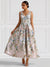 A-Line/Princess Elegant Cocktail Dress V Neck Tea-Length Floral Embroiery Dress Formal Wedding Guest