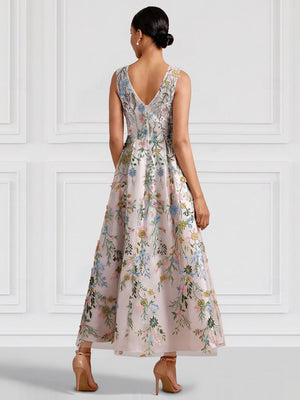 A-Line/Princess Elegant Cocktail Dress V Neck Tea-Length Floral Embroiery Dress Formal Wedding Guest