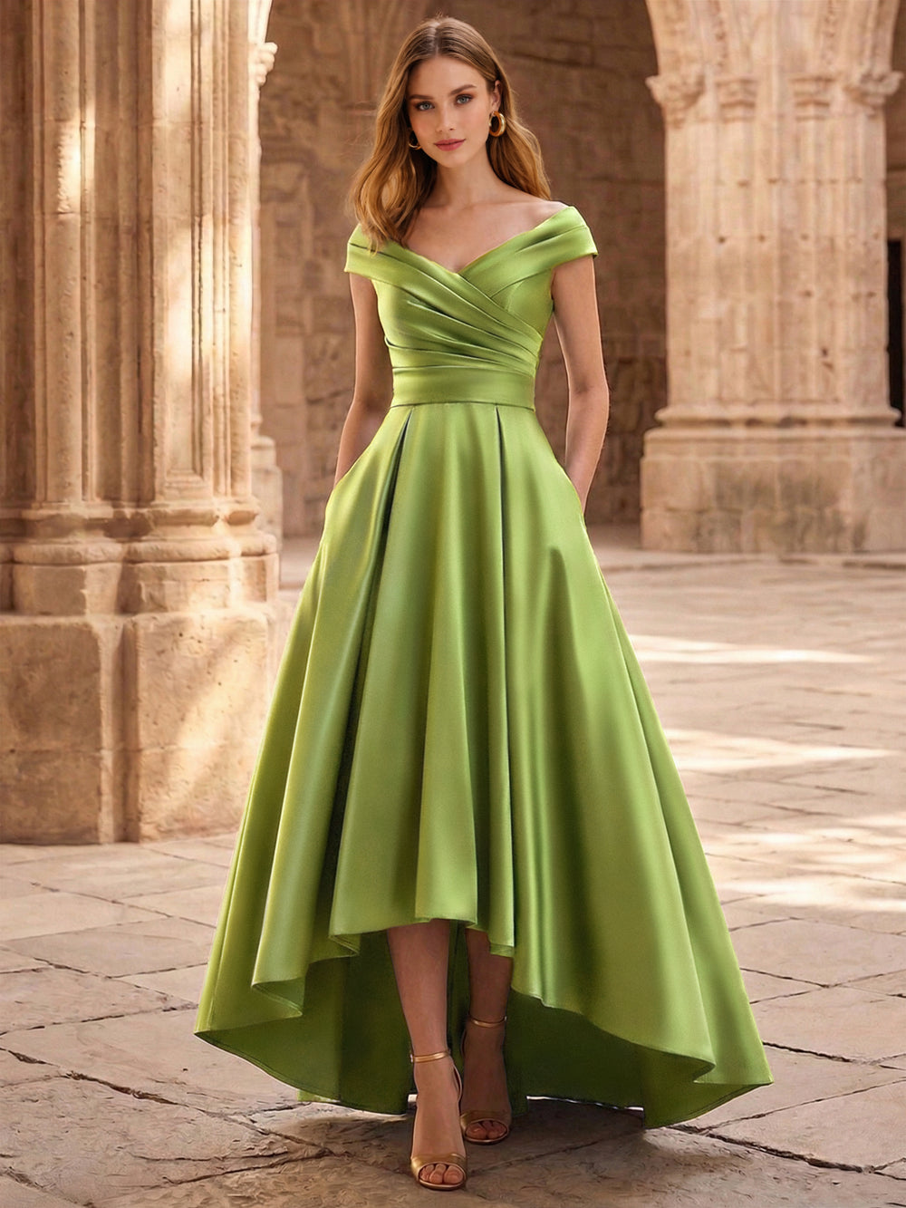 A-Line/Princess Evening Dresses Satin Pocket Off-the-Shoulder V-Neck Sleeveless Floor Length Evening Dress With Pocket