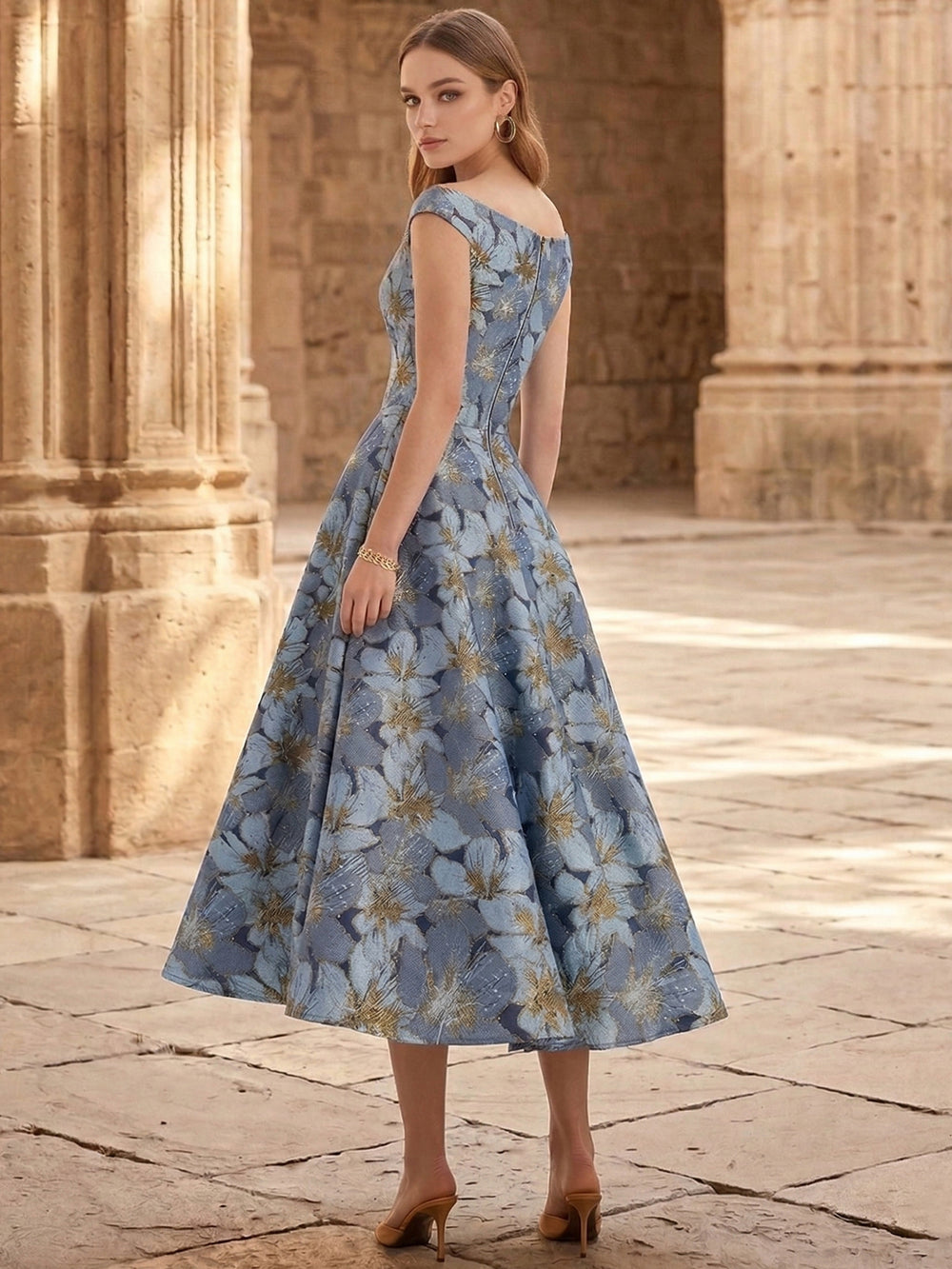 A-Line/Princess Cocktail Dresses Floral Formal V Neck Off The Shoulder Tea Length with Ruched Pocket