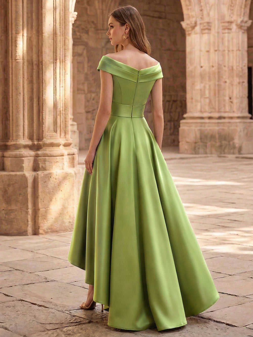 A-Line/Princess Evening Dresses Satin Pocket Off-the-Shoulder V-Neck Sleeveless Floor Length Evening Dress With Pocket