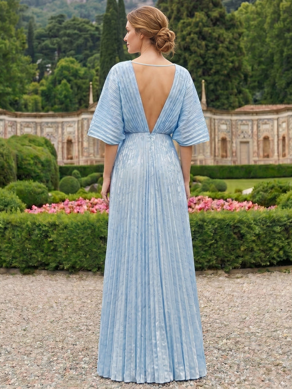 A-Line Mother Of The Bride Dress Elegant Formal Gown Chiffon Pleated Floor-Length 1/2 Sleeves V-Neck Hollow Wedding Guest Dresses