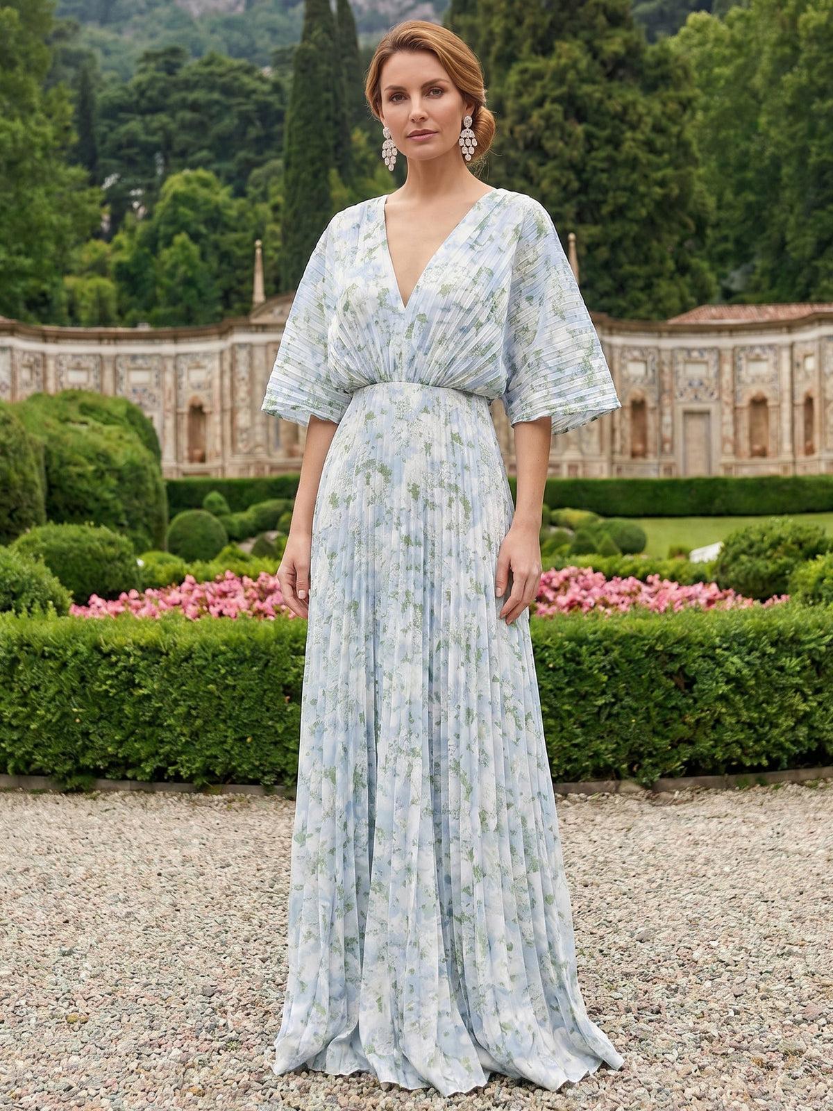 A-Line Mother Of The Bride Dress Elegant Formal Gown Chiffon Pleated Floor-Length 1/2 Sleeves V-Neck Hollow Wedding Guest Dresses