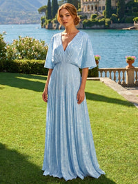 A-Line Mother Of The Bride Dress Elegant Formal Gown Chiffon Pleated Floor-Length 1/2 Sleeves V-Neck Hollow Wedding Guest Dresses